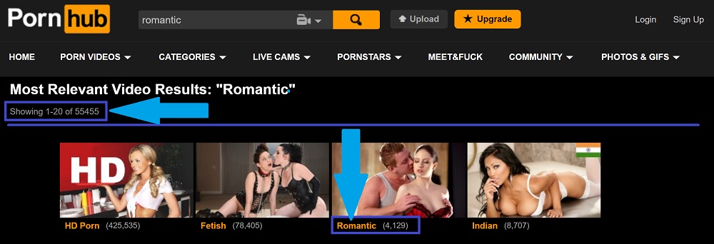 The results from Pornhub searches for romantic porn